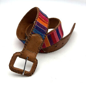 Vintage 80s 90s Handmade Multicolor Tapestry Whipstitch Trim Leather Belt 29-31"